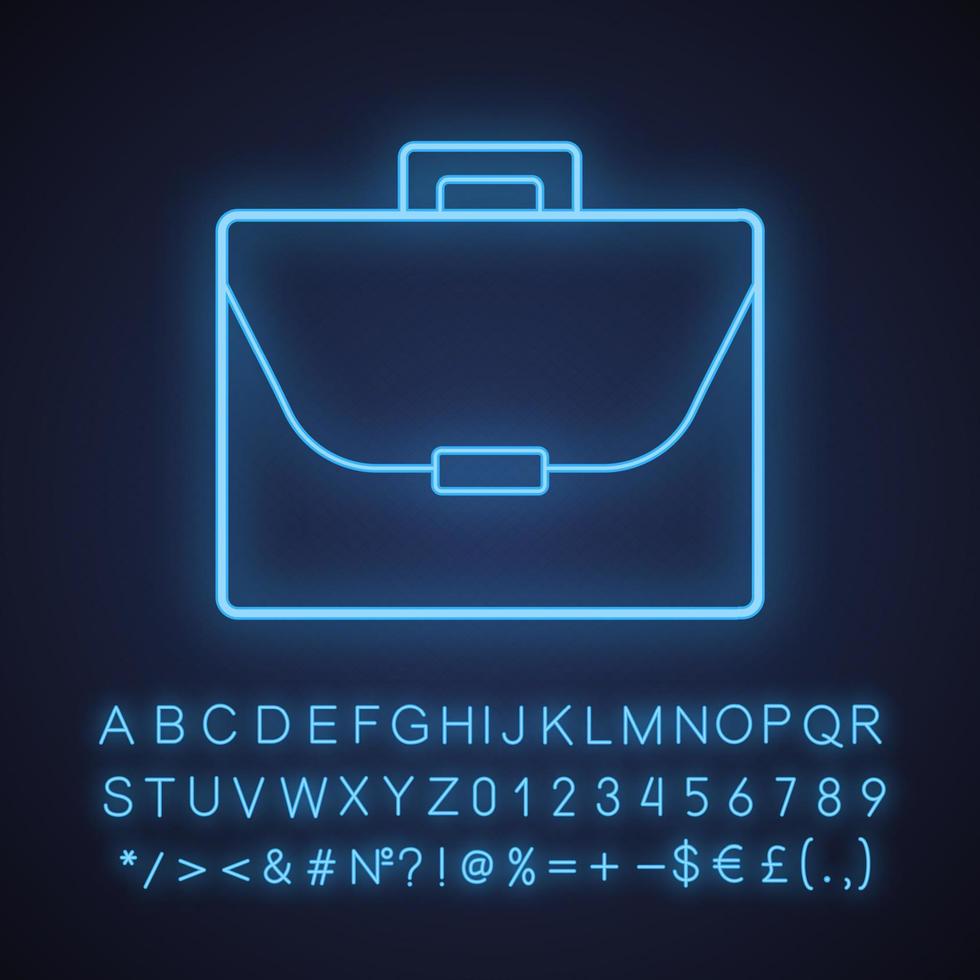 aktetas neonlicht icoon. laptop tas. gloeiend bord met alfabet, cijfers en symbolen. vector geïsoleerde illustratie