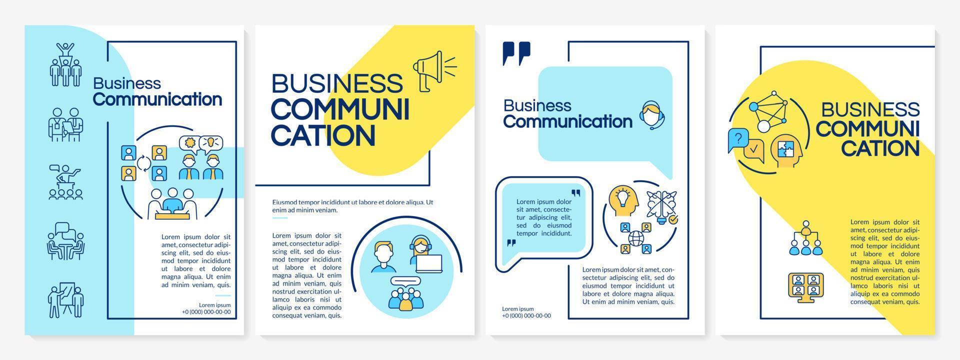 zakelijke communicatieve vaardigheden blauwe en gele brochure sjabloon. boekje afdrukontwerp met lineaire pictogrammen. vectorlay-outs voor presentatie, jaarverslagen, advertenties. questrial, lato-reguliere lettertypen gebruikt vector