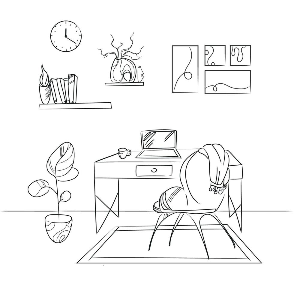 schets overzicht tekening werkplek vectorillustratie geïsoleerd op een witte achtergrond. meubel schets. thuiskantoor. freelancer vector
