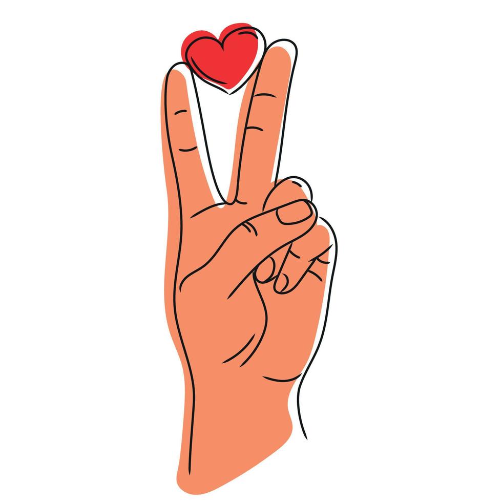 vrede handgebaar teken met hart in de vingers. vrede liefde concept.vector schets illustratie geïsoleerd op een witte background vector