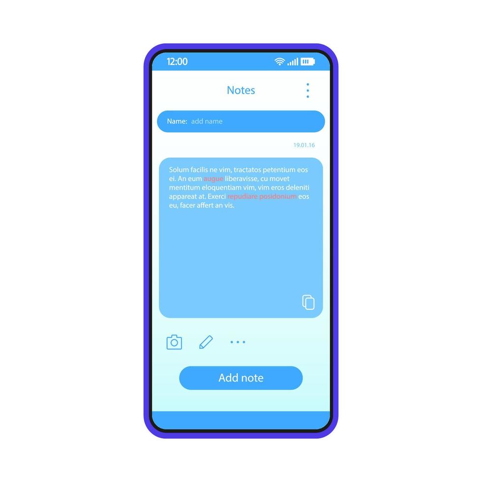 notitie app-interface vector sjabloon. mobiele app interface blauwe ontwerplay-out. smartphone herinnering applicatie. platte ui. telefoondisplay met notitietekst
