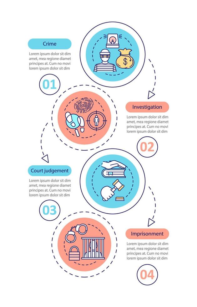 rechtshandhaving vector infographic sjabloon. misdaad, onderzoek, rechterlijke uitspraak, gevangenisstraf. datavisualisatie met vier stappen en opties. proces tijdlijn grafiek. workflow-indeling