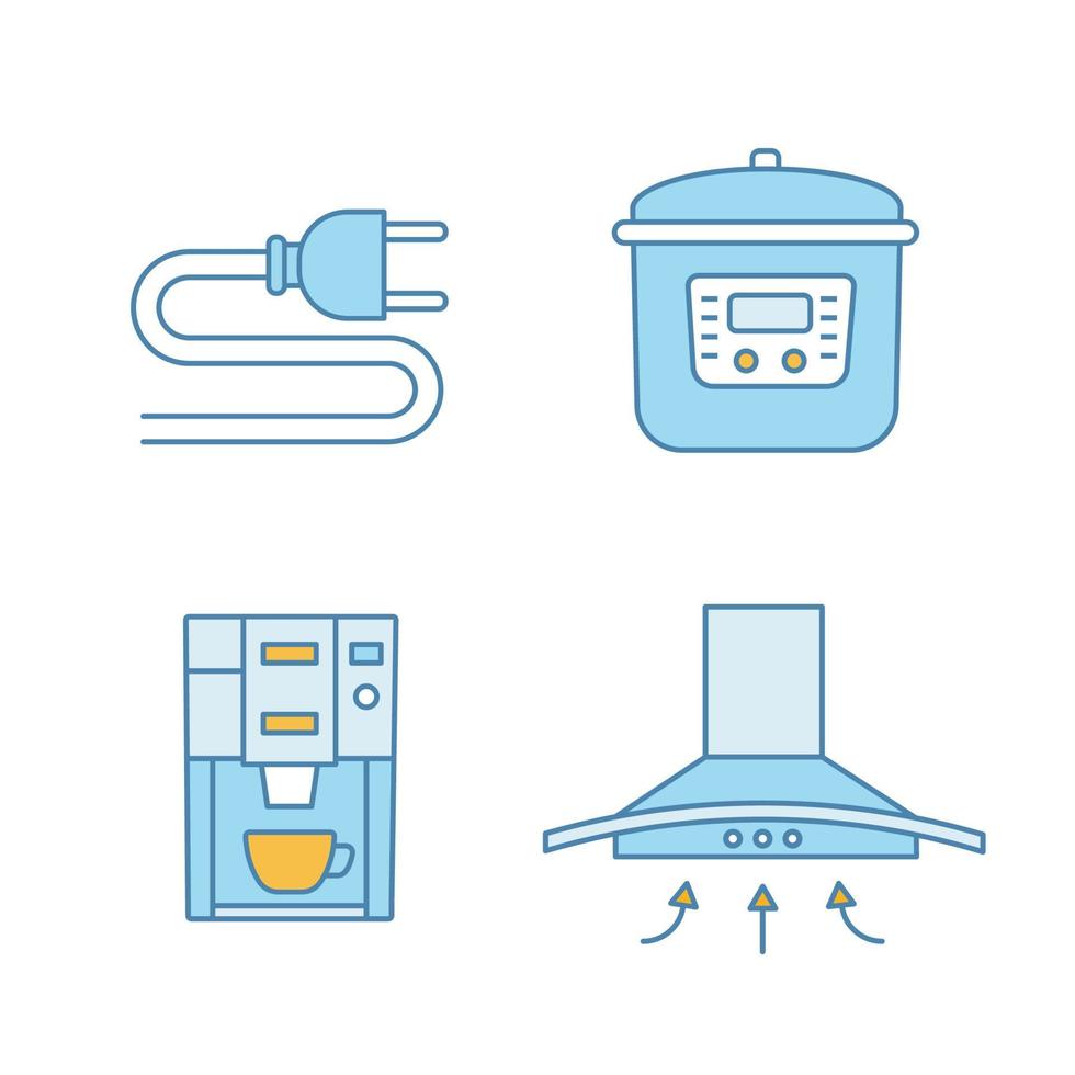 huishoudelijke apparaten kleur pictogrammen instellen. stekker, multicooker, koffiemachine, afzuigkap. geïsoleerde vectorillustraties vector