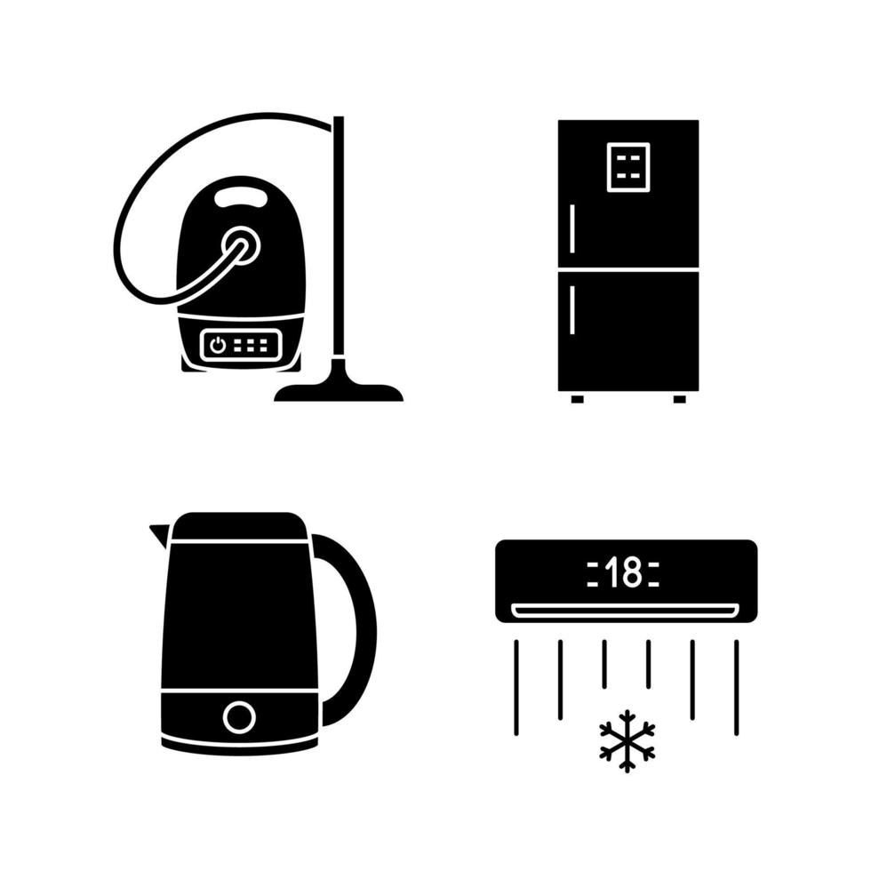 huishoudelijke apparaten glyph pictogrammen instellen. stofzuiger, koelkast, waterkoker, airconditioning. silhouet symbolen. vector geïsoleerde illustratie