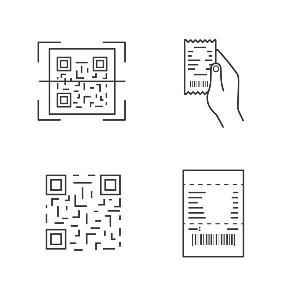 streepjescodes lineaire pictogrammen instellen. qr-code scannen, papieren bon in de hand, matrixbarcode, papieren cheque. dunne lijn contour symbolen. geïsoleerde vectoroverzichtsillustraties. bewerkbare streek vector