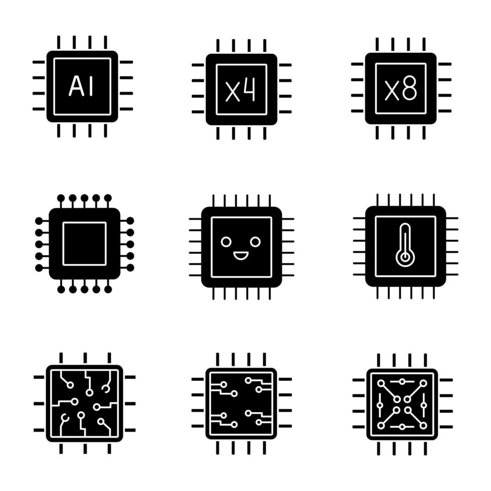 processors glyph pictogrammen instellen. ai-chip, quad, octa core-processors, geïntegreerde schakeling, microprocessortemperatuur, lachende chip. silhouet symbolen. vector geïsoleerde illustratie