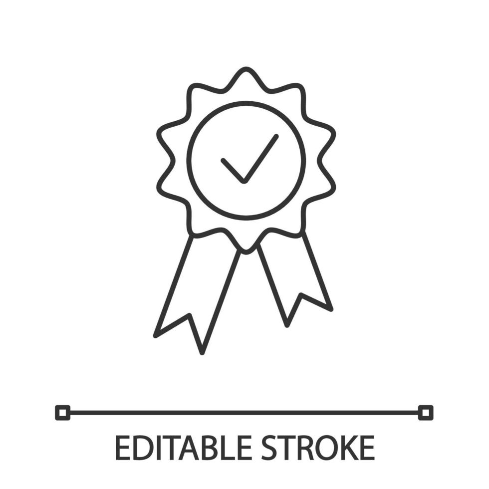 award medaille lineaire pictogram. beloning. beste keuze medaille. dunne lijn illustratie. gecertificeerd. zegel met lint en vinkje. kwaliteitsbadge. contour symbool. vector geïsoleerde overzichtstekening. bewerkbare streek