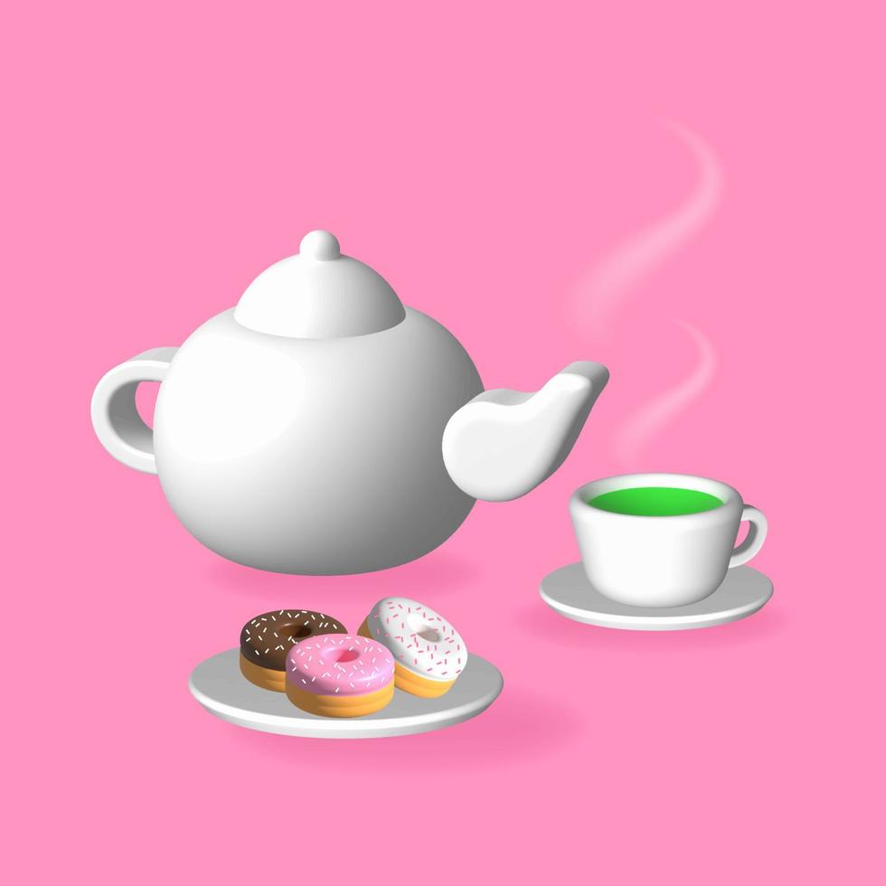 groene theekop, donuts, theepot, 3D-realistisch ontwerp, kleurenillustratie, creatieve ontwerpideeën, vectorillustratie. vector