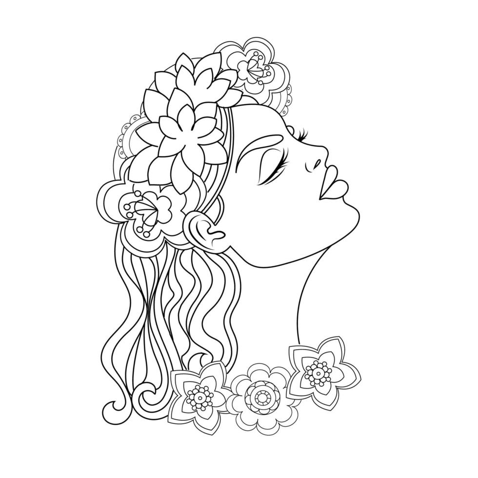 kleurboek voor volwassenen of schets, jong mooi meisje met een krans van bloemen op haar hoofd, schets handgetekende lineart, vector