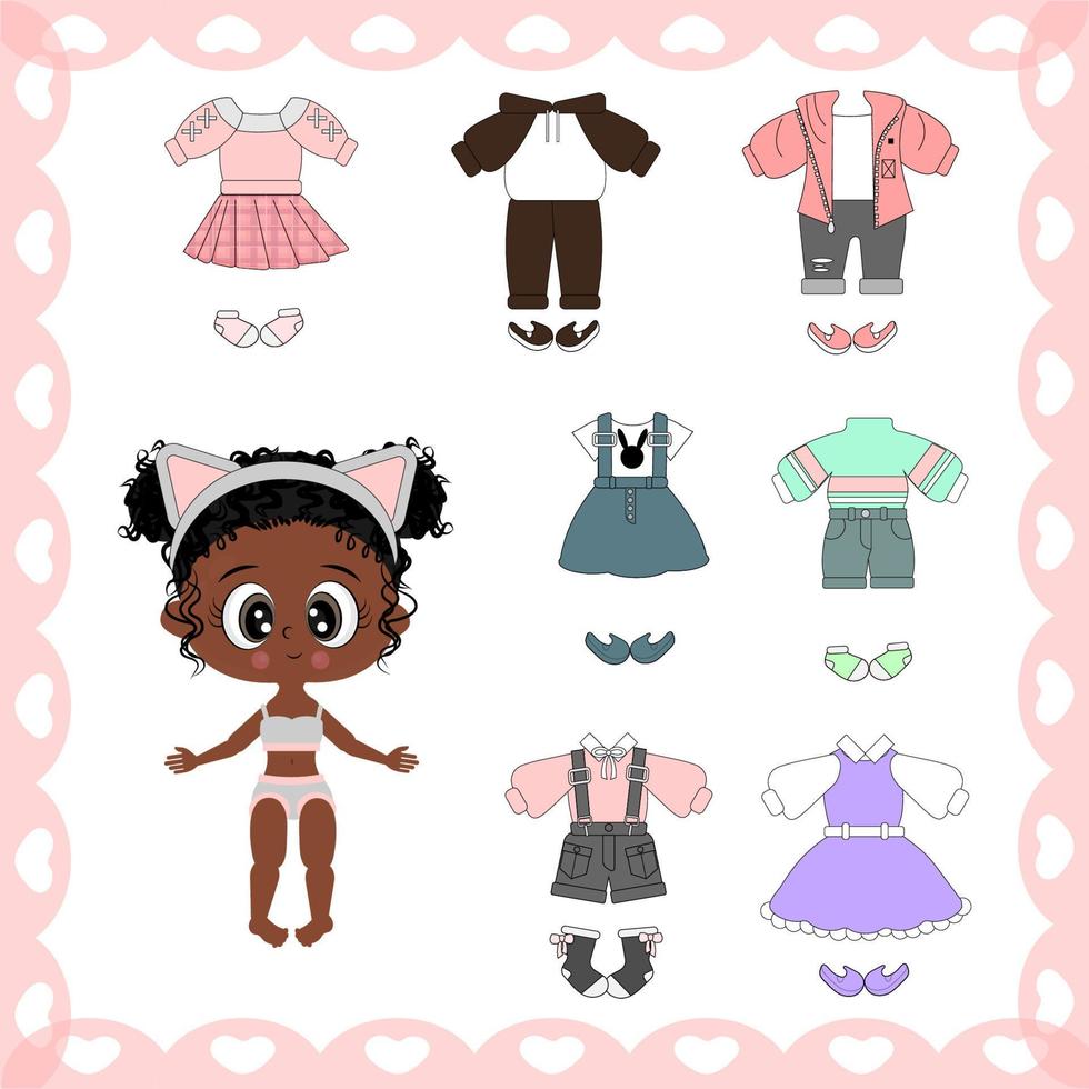 papieren pop kleding collectie mooi klein afro meisje, voor webapplicaties, print, knipsels, kinderspelletjes, ontwerp, vectorillustratie vector
