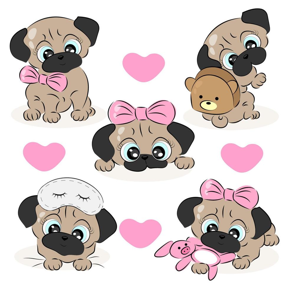 set van pug puppies in verschillende poses, schattige hond in verschillende kostuums, gerimpelde snuit, huisdier vector