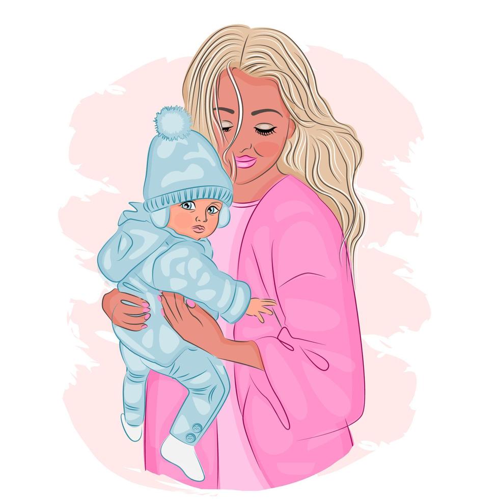 moeder met babyjongen in haar armen, vectorillustratie van moeder met haar zoontje in haar armen, gelukkige moederdag wenskaart. vector