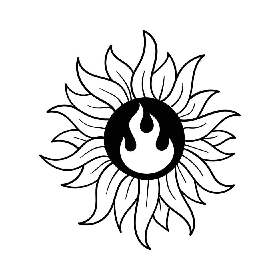 hand getekende zon bloem met vuur doodle illustratie voor tattoo stickers poster etc vector