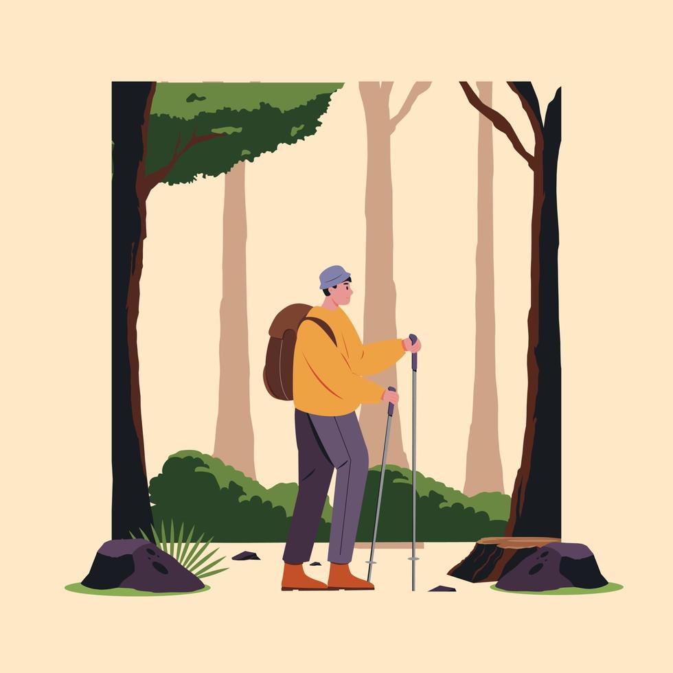 wandelaar man met rugzak in bos. gezonde levensstijl toerisme illustratie van avontuurlijk wandelen, trekking man reizen. vector