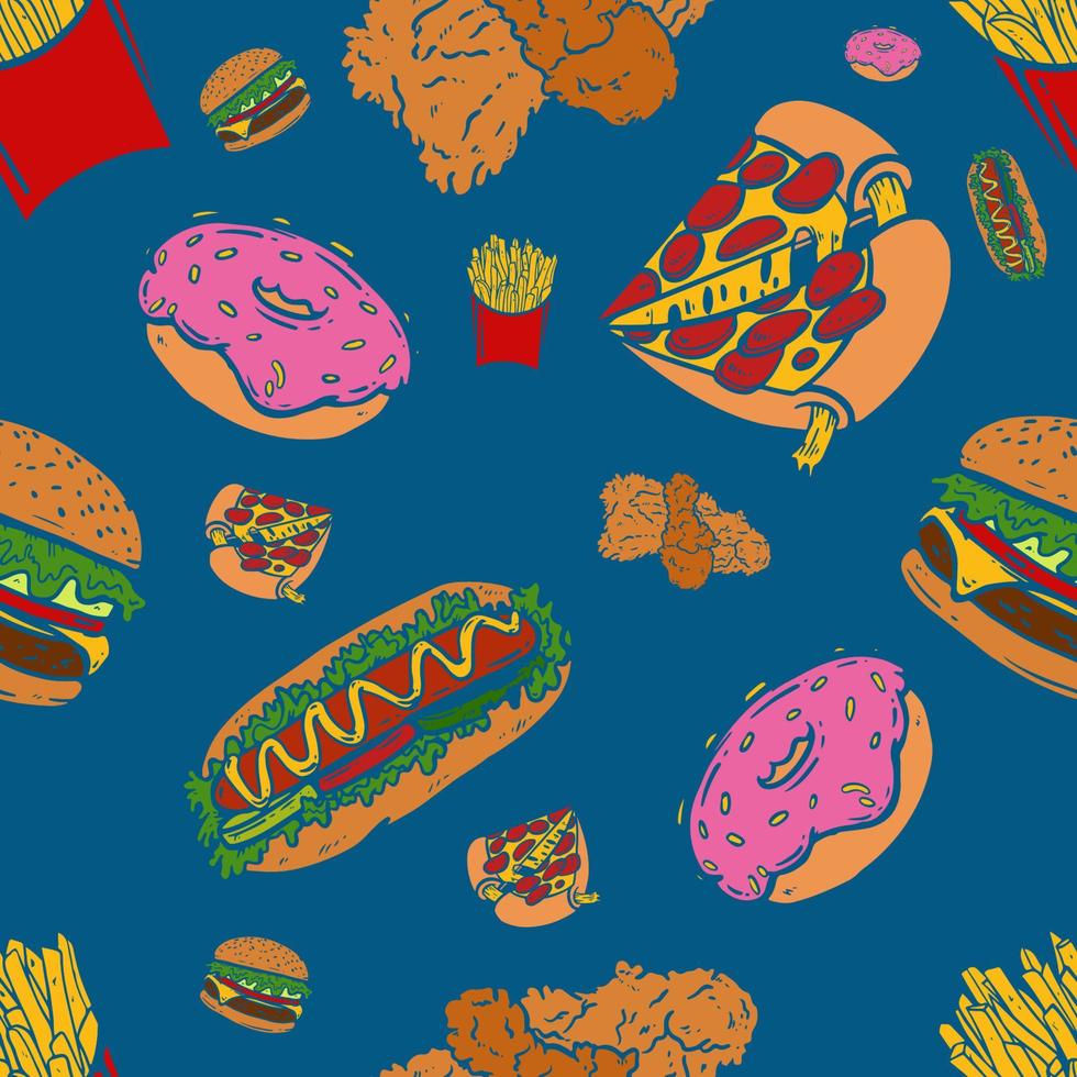 platte doodle junkfood naadloze patroon retro achtergrond vector