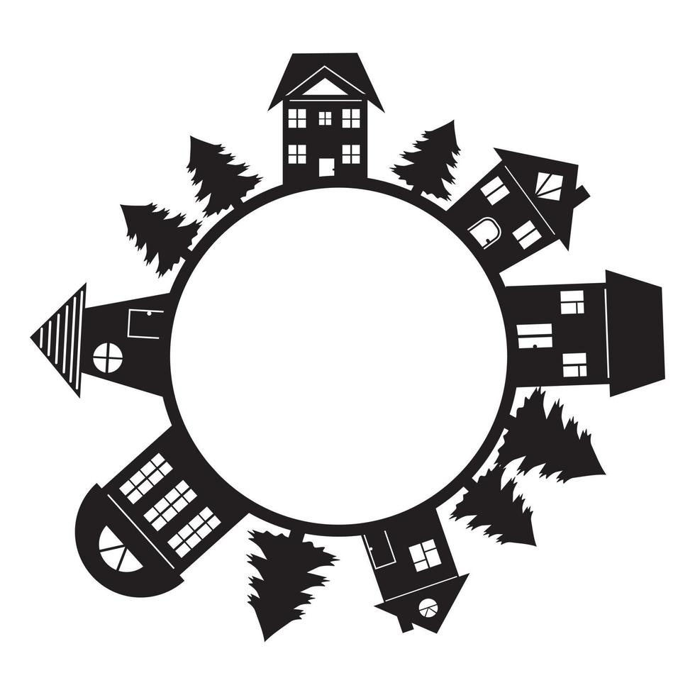 huizen en stedelijk landschap, geïsoleerde vector illustratie stencil icon