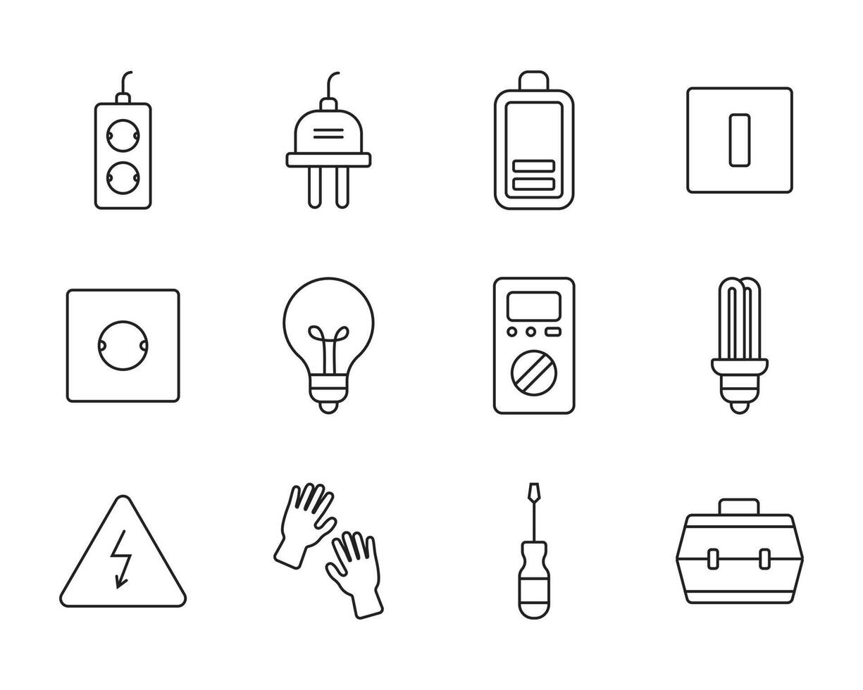 set van eenvoudige elektriciteitsdingen in vectorlijnpictogrammen vector