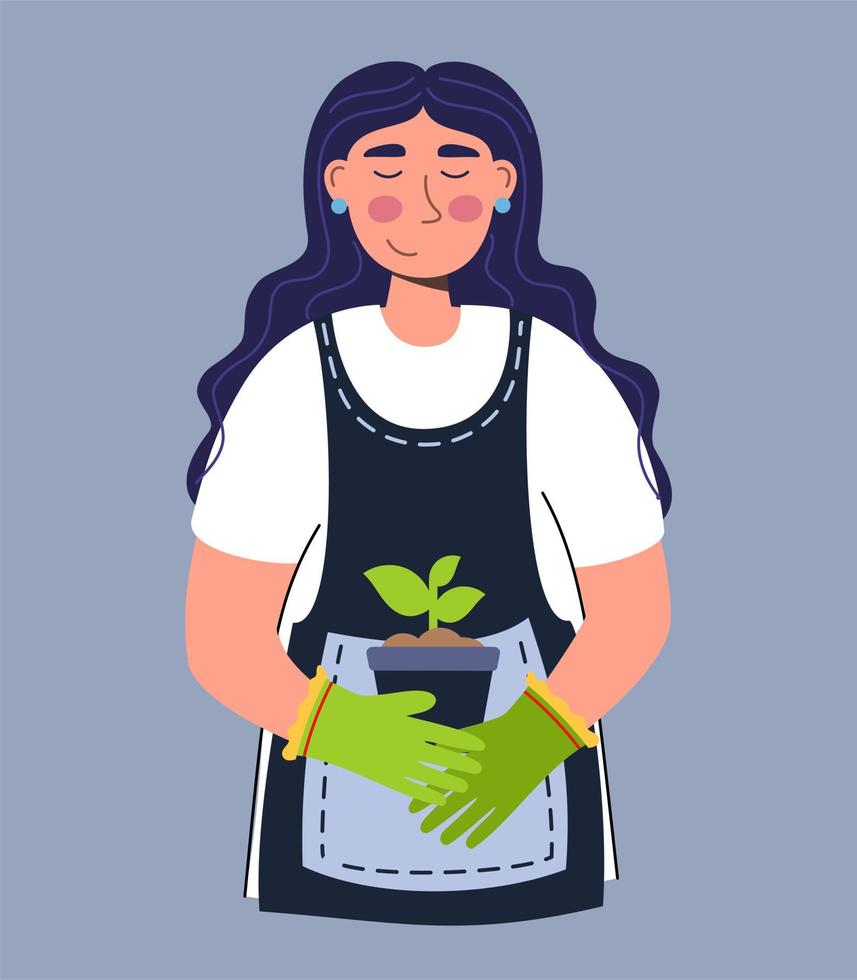 een vrouw bewondert een plant een jonge plant een boer tuinman doet werk en landbouwhobby vectorillustratie geïsoleerd vector