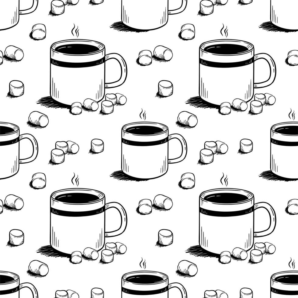 patroon met koffiemokken en marshmallows in doodle stijl op een witte achtergrond vectorillustratie vector