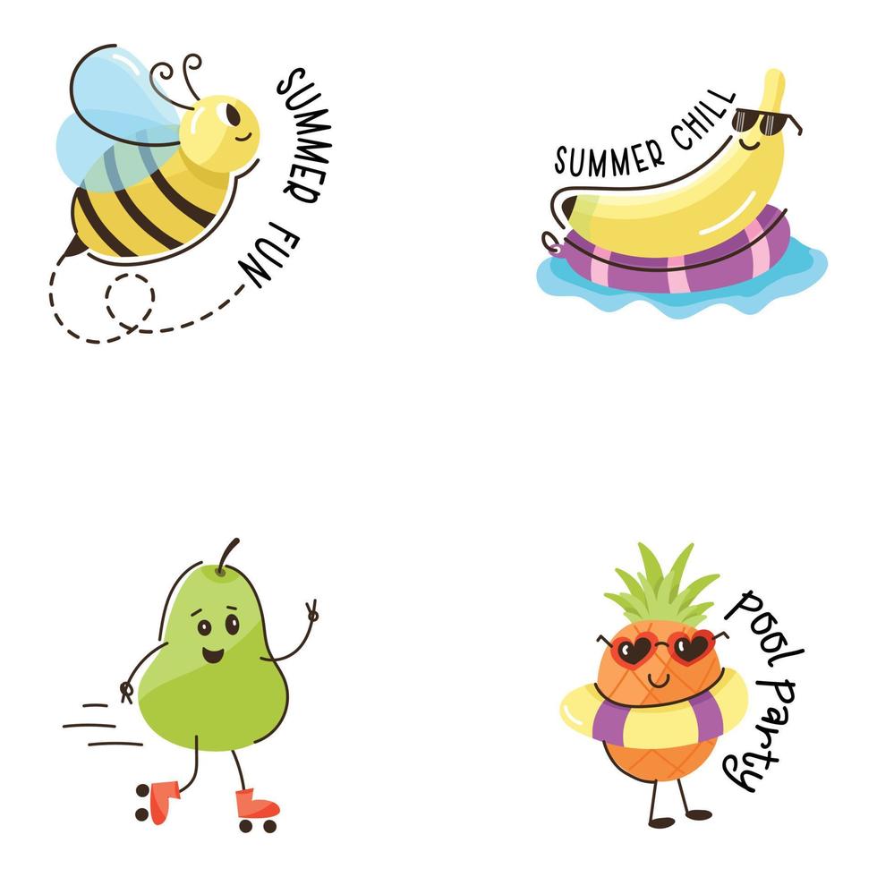 platte stickers met zomerfruit en insecten vector