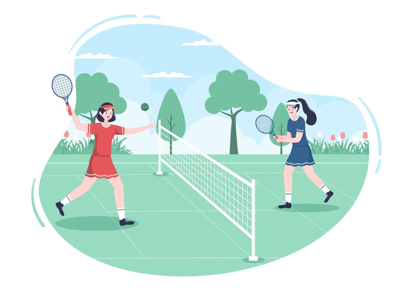 tennisser met racket in de hand en bal op de baan. mensen die sportwedstrijden doen in platte cartoonillustratie vector