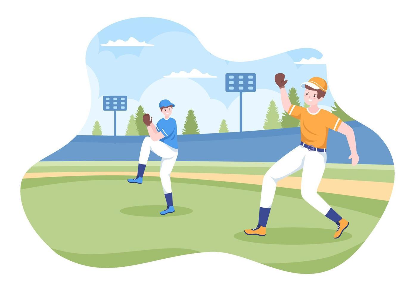honkbalspeler sporten gooien, vangen of slaan van een bal met vleermuizen en handschoenen dragen uniform op rechtbank stadion in platte cartoon afbeelding vector