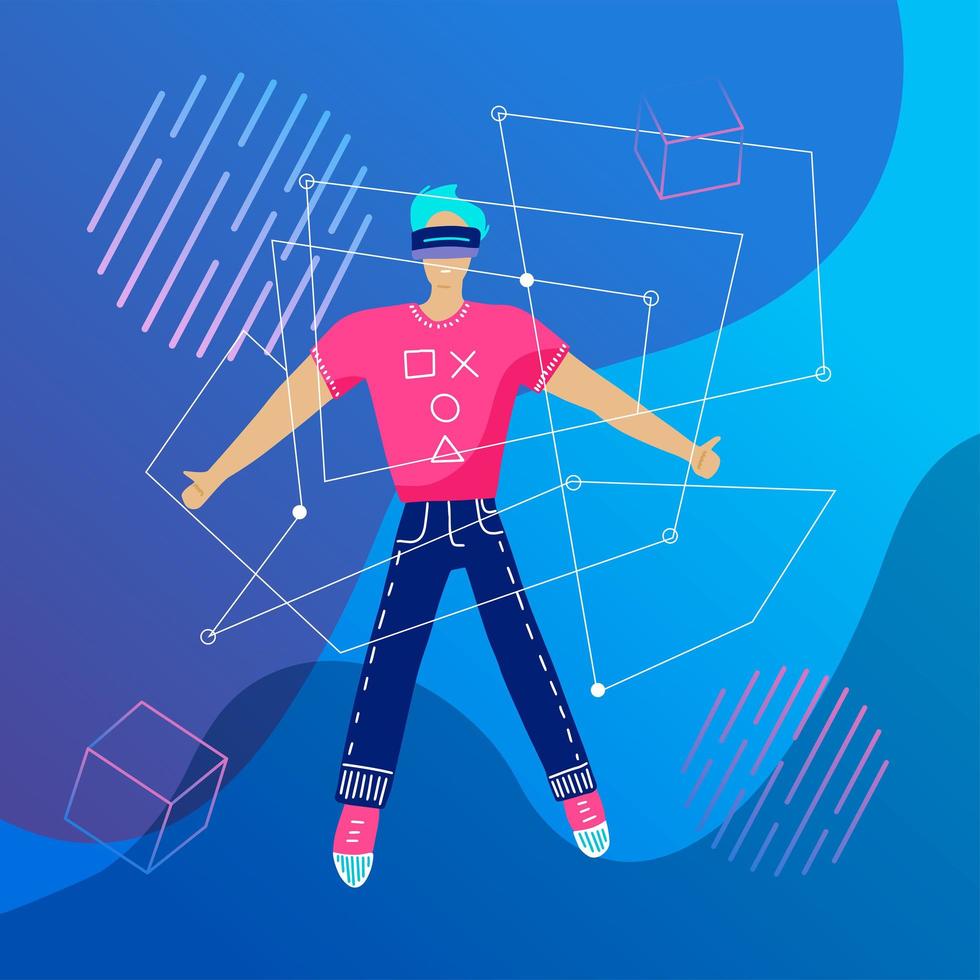 virtual reality-concept. enthousiaste jonge man draagt vr-headset, virtual reality-bril, bril. toekomstige technologie. abstracte vr-wereld met verschillende objecten. platte vectorillustratie van vliegende man. vector