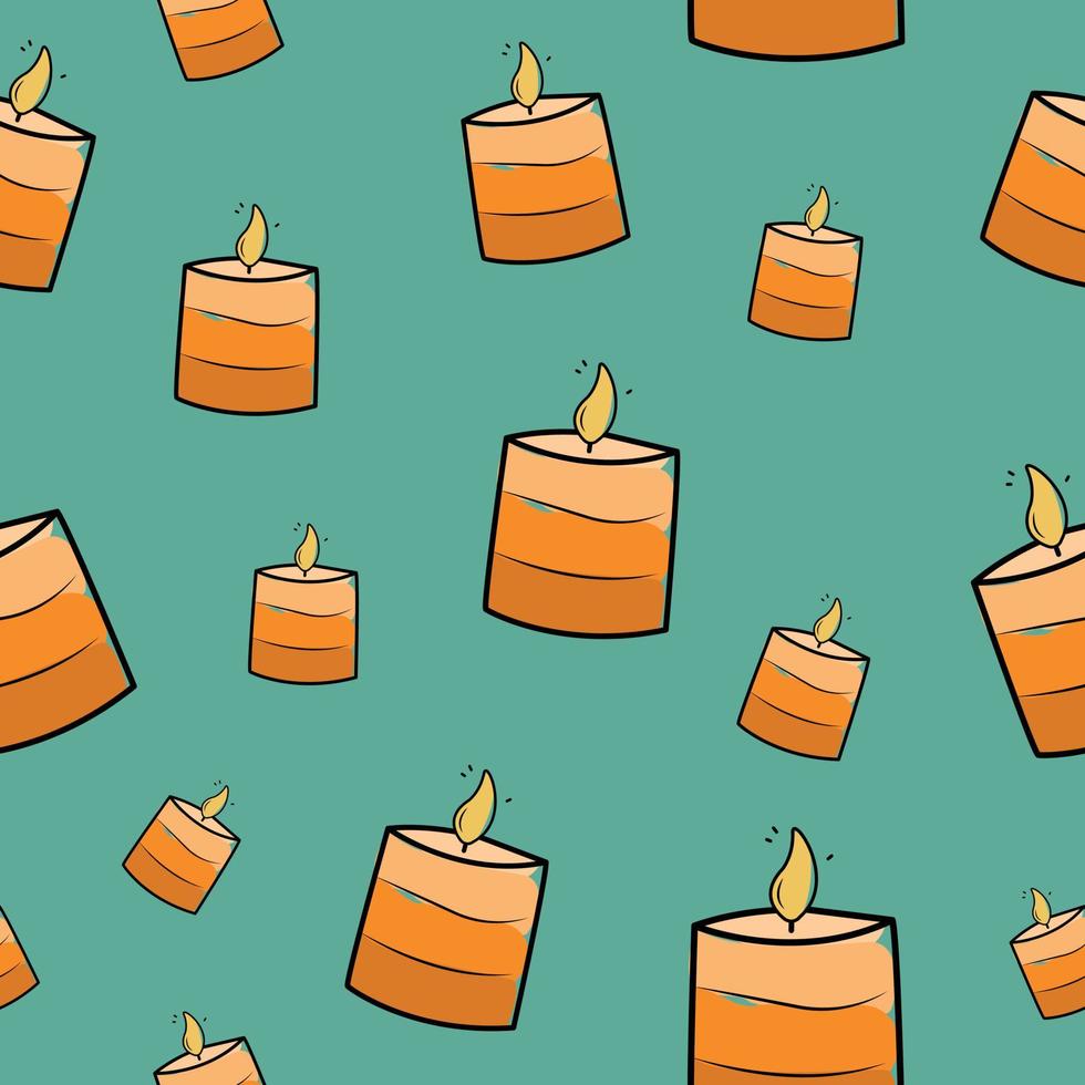naadloze patroon met doodle kaarsen, vectorillustratie op turkooizen achtergrond. vlam, oranje tinten, contour. kleurrijk ontwerp voor verpakkingspapier, stof vector
