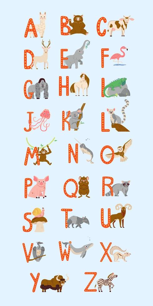 schattige dieren alfabet voor kinderen onderwijs. kinderachtig vectorlettertype voor kinderen abc-boek met handgetekende dierlijke karakters vector