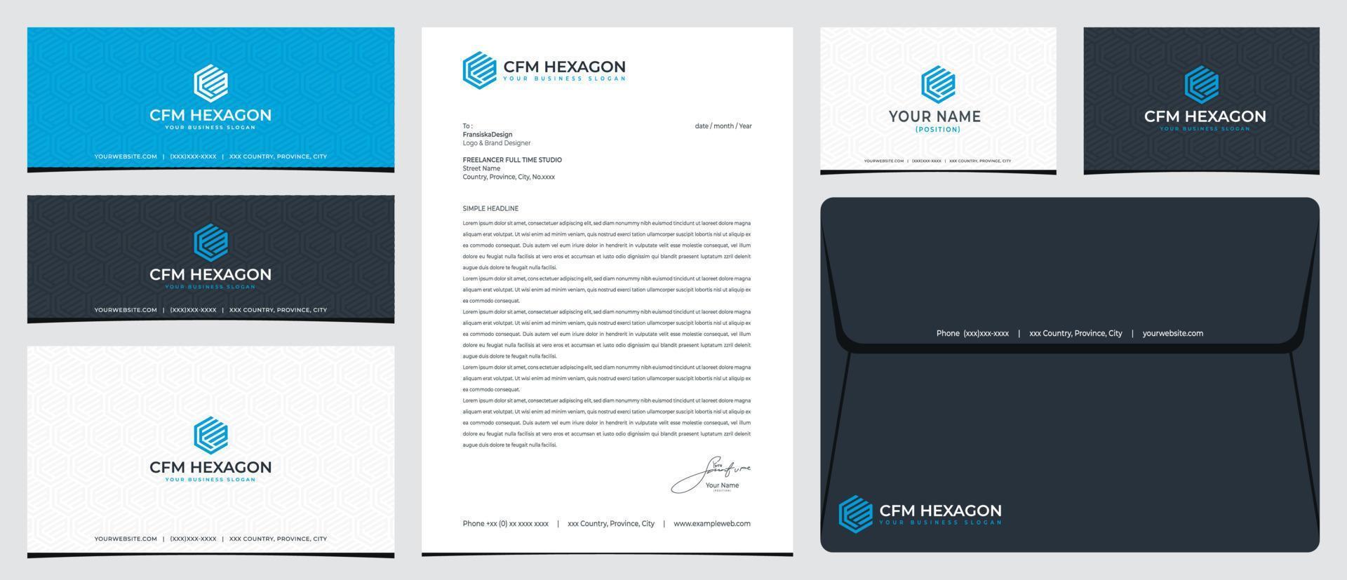 cfm zeshoekig logo met briefpapier, visitekaartje en banner voor sociale media vector