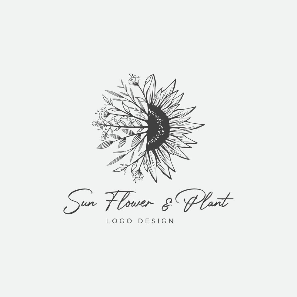 zon bloem en plant logo ontwerp vintage vector