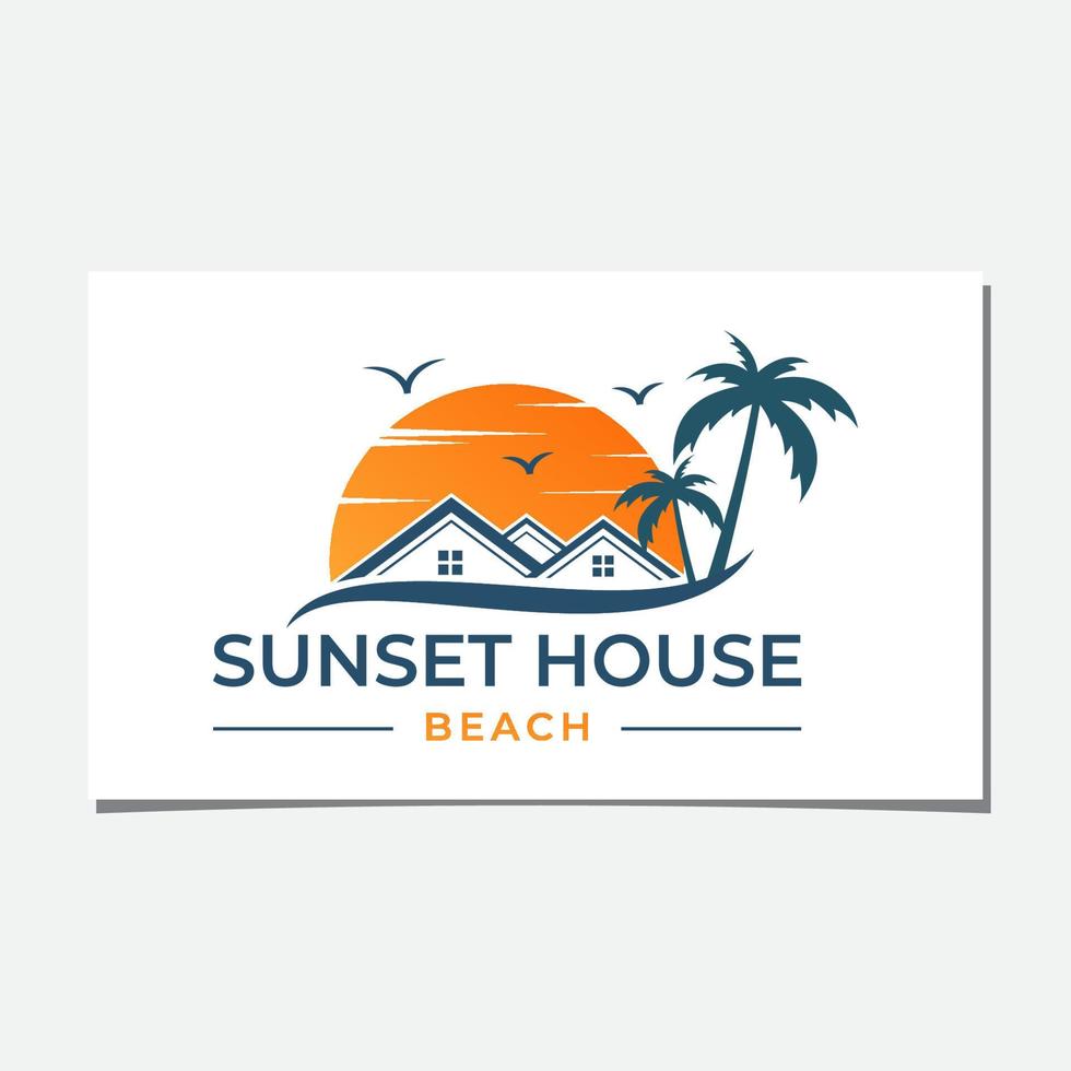 zon, huis en strand logo-ontwerp vector