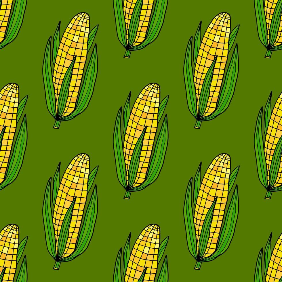 schattige cartoon doodle verse maïs met bladeren naadloze patroon. groenten achtergrond. vector