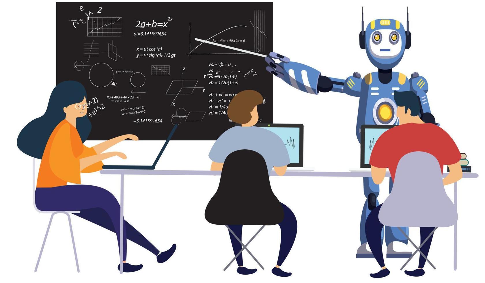 moderne robot helpt leraren in de natuurkundeles aan het schoolbord met formules. vlakke stijl vectorillustratie geïsoleerd op een witte achtergrond. vector