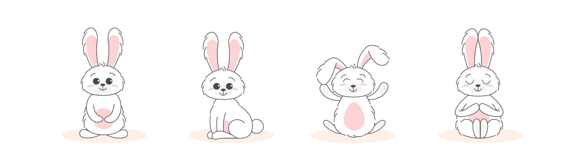 set van schattige konijntjes, baby en kinderen concept. vrolijk pasen konijnen verschillende poses stripfiguren. kaart met schattig konijntje. konijntje met bloemen bladeren. ontwerp voor baby, kinderposter, kaart, uitnodiging. vector