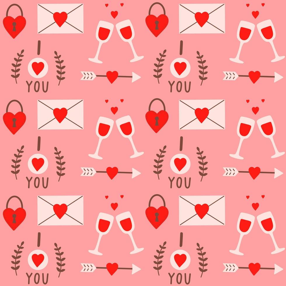 kleurrijk naadloos patroon met romantische elementen voor Valentijnsdag op een roze achtergrond. modern handgetekend ontwerp voor scrapbooking, inpakpapier, stof, kaart. vector illustratie