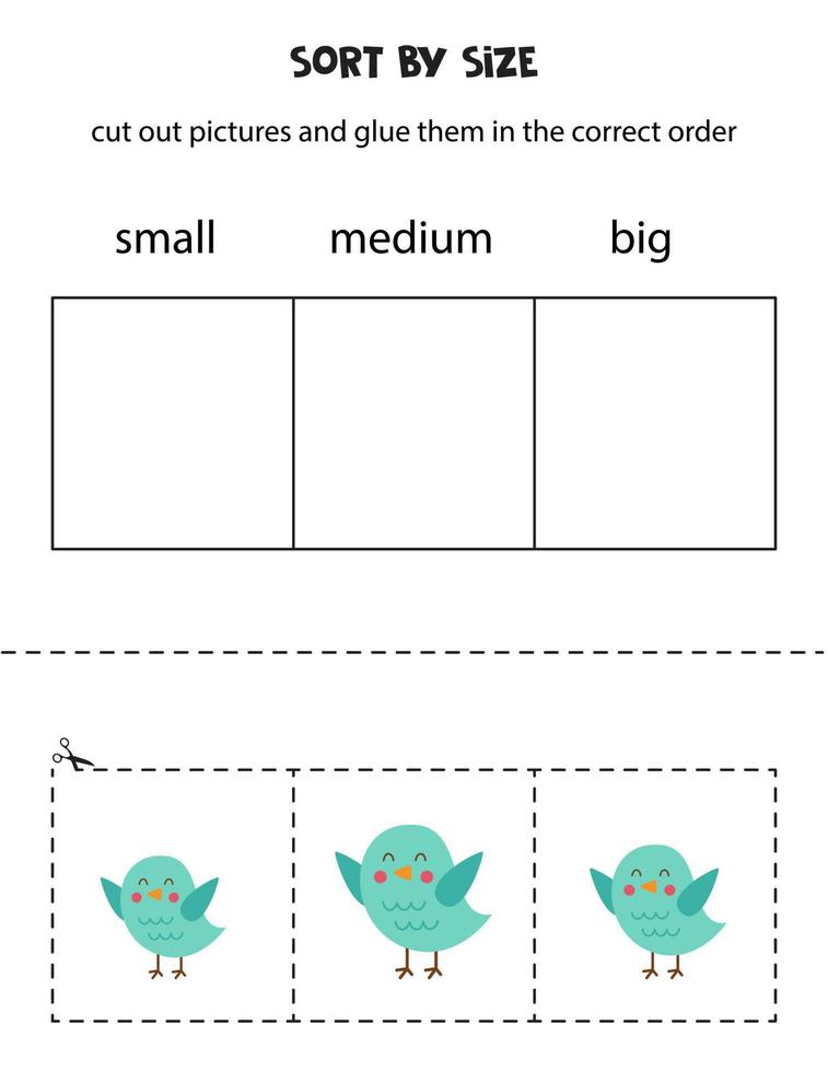 sorteer foto's op grootte. educatief werkblad voor kinderen. vector