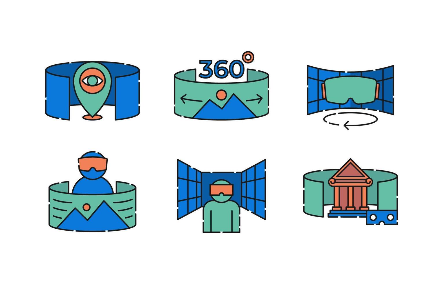 virtual reality tour icon set vector