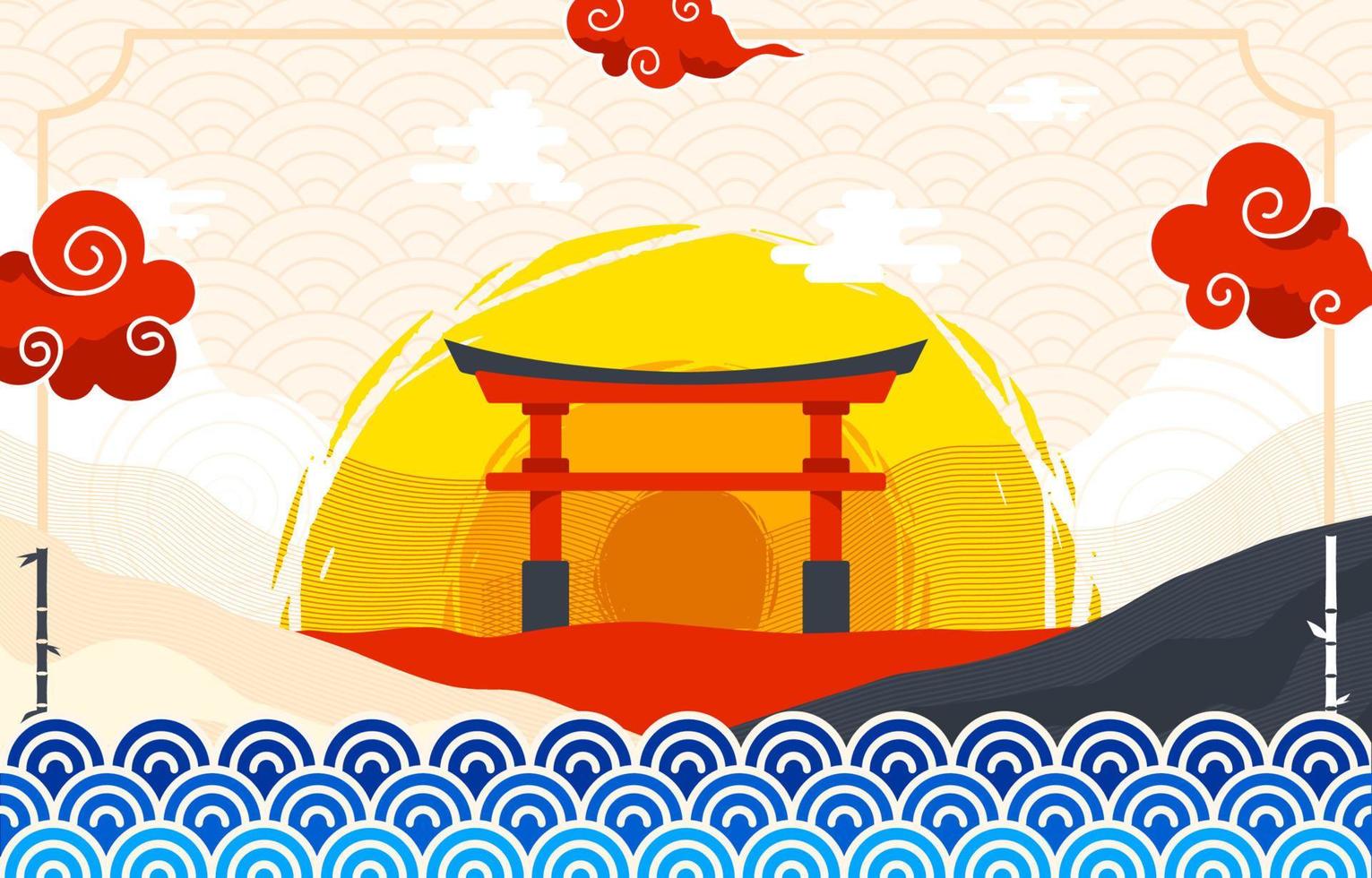 Japanse stijlachtergrond met wolk en torii vector