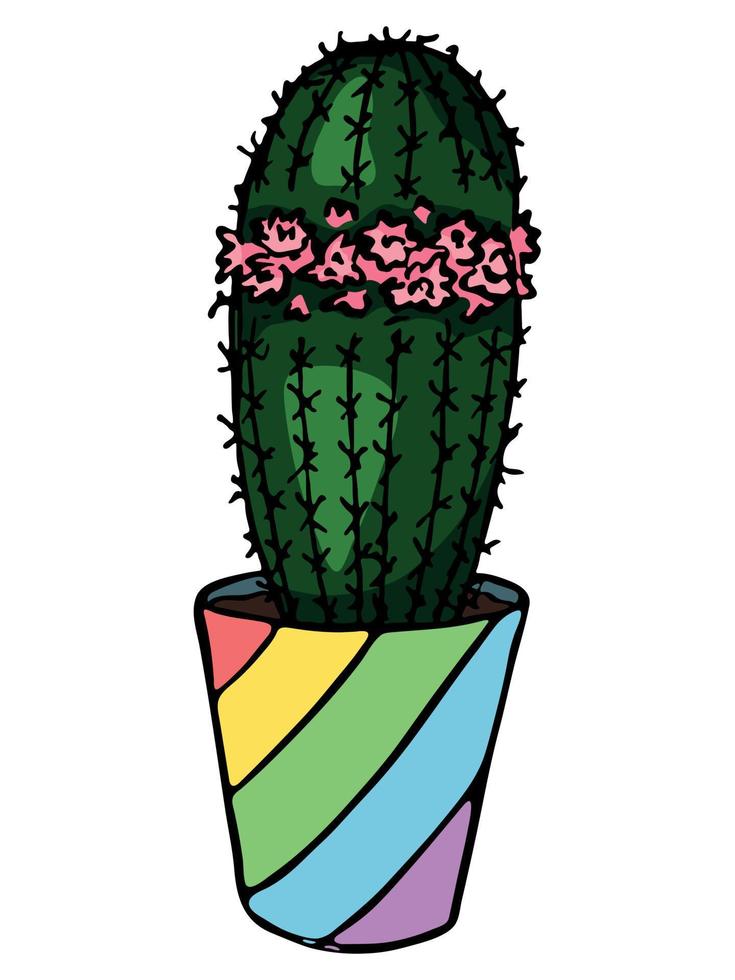 schattige handgetekende eenvoudige cactus. kamerplant in een pot clipart. cactussen illustratie geïsoleerd op een witte achtergrond. gezellige huiskrabbel. vector