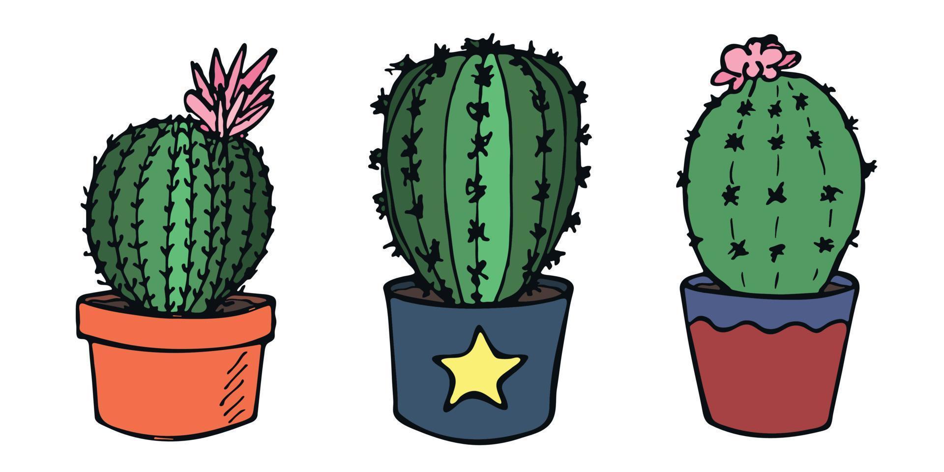 set van schattige handgetekende eenvoudige cactus. kamerplant in een pot clipart. cactussen illustratie geïsoleerd op een witte achtergrond. gezellige huiskrabbel. vector