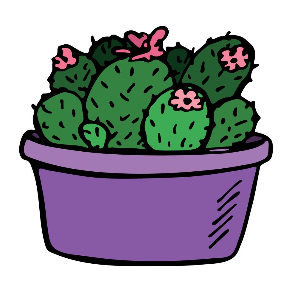 schattige handgetekende eenvoudige cactus. kamerplant in een pot clipart. cactussen illustratie geïsoleerd op een witte achtergrond. gezellige huiskrabbel. vector