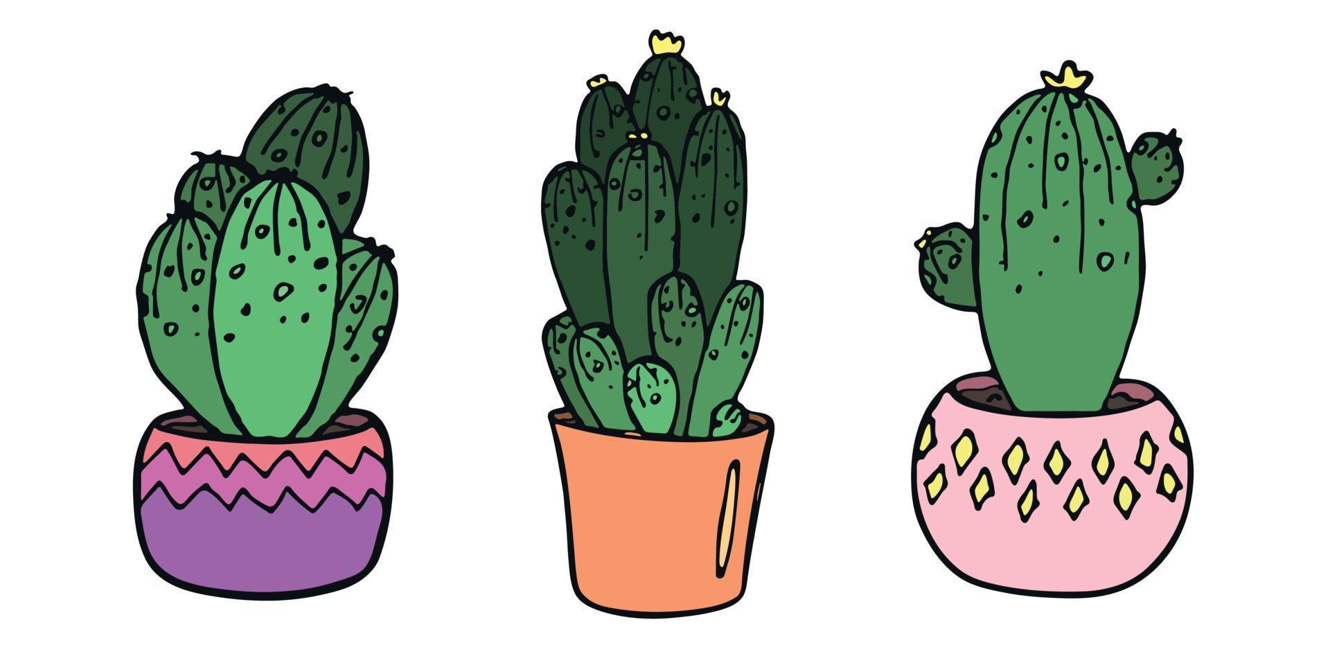 set van schattige handgetekende eenvoudige cactus. kamerplant in een pot clipart. cactussen illustratie geïsoleerd op een witte achtergrond. gezellige huiskrabbel. vector