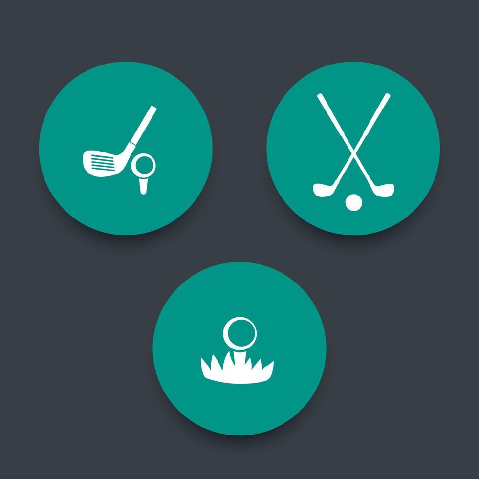 golf, golfclubs, bal op gras, 3 groene ronde pictogrammen, vectorillustratie vector