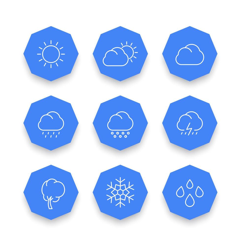 weerlijnpictogrammen, zonnige, bewolkte dag, regen, hagel, sneeuw, wolken, wind, zon, blauwe achthoekpictogrammen, vectorillustratie vector