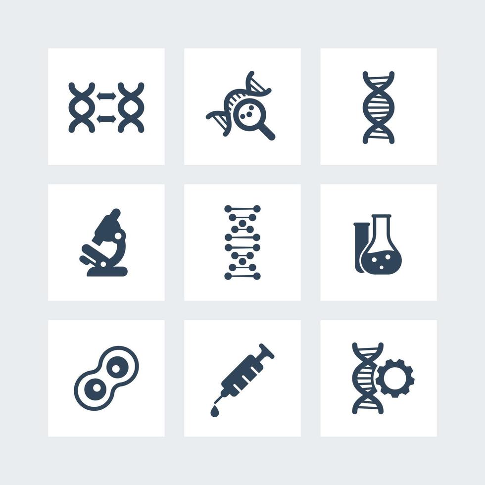 genetica iconen, dna modificatie, genetisch onderzoek, lab, dna keten vector teken, dna replicatie, pictogrammen op pleinen, vector illustratie