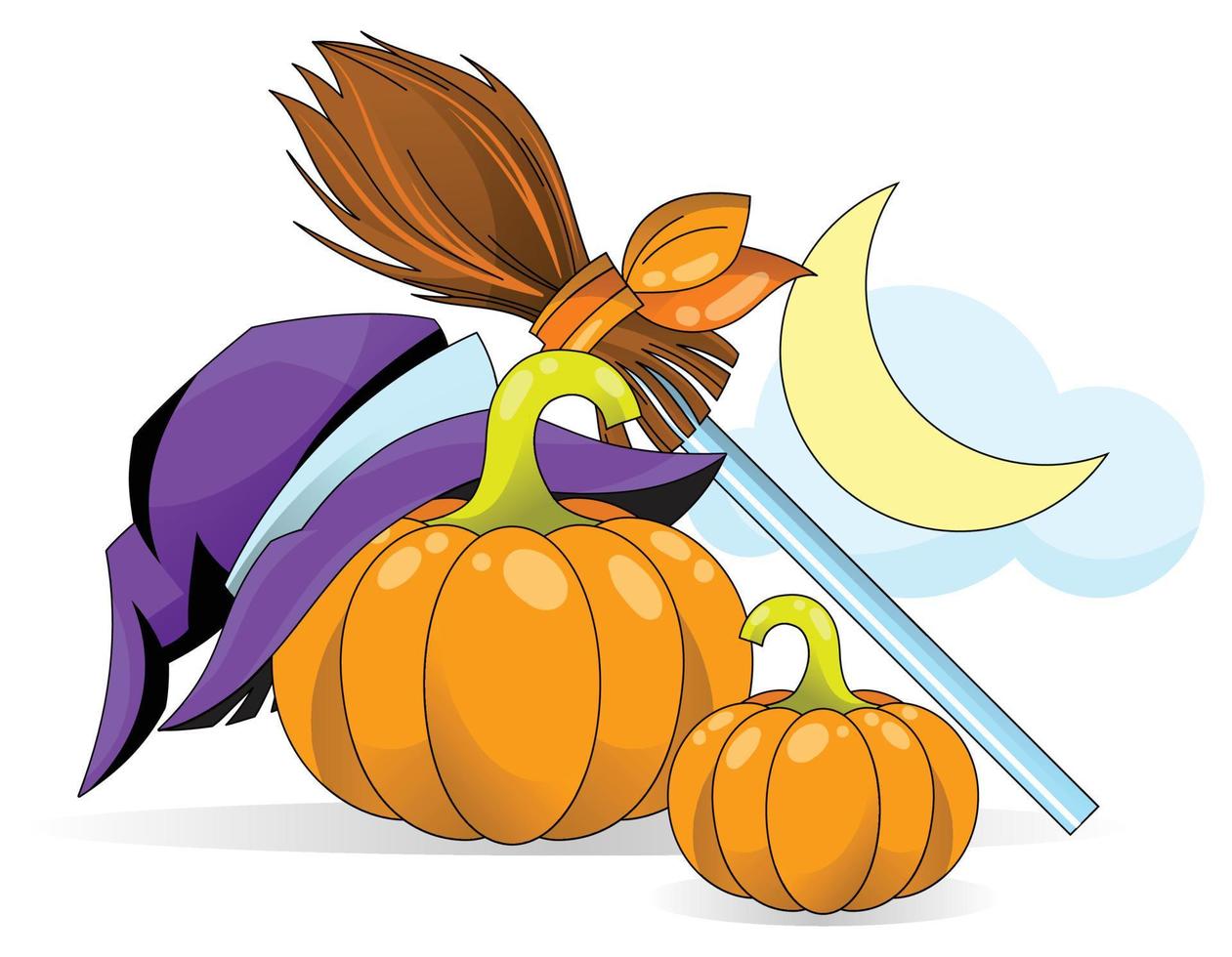 stilleven van pompoenen, een heksenhoed en een bezem tegen de nachtelijke hemel. illustratie voor halloween. vector