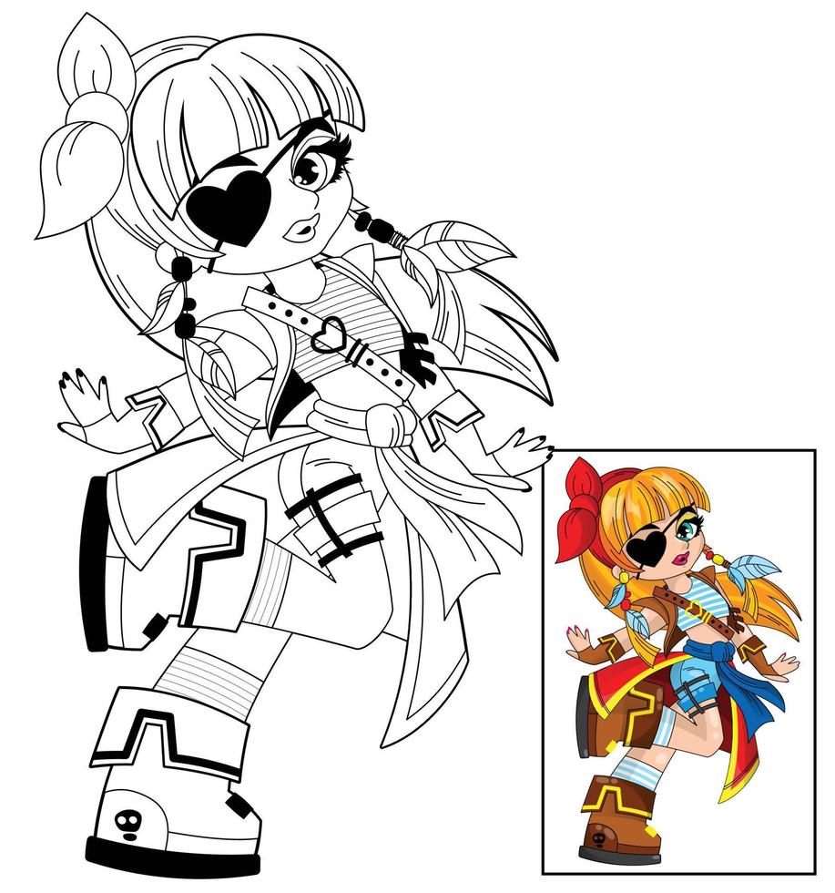 een piratenmeisje in een helder modieus kostuum rent vrolijk. kinder illustratie kleurboek. vector