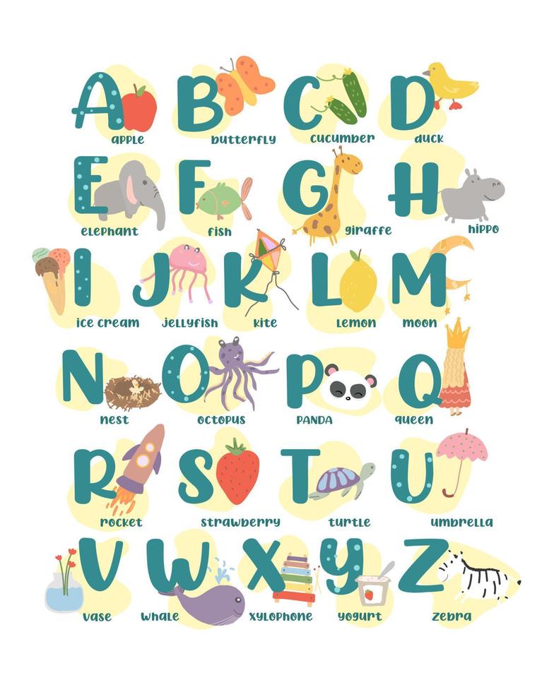 Engelse alfabet. abc. kinderen letters leren en lezen. educatieve poster met letters voor kinderen. voor de kleuterschool. vector