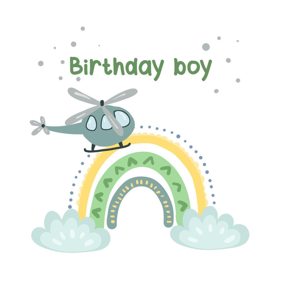verjaardagskaart voor een jongen. heldere ansichtkaart met een regenboog en een helikopter. wenskaart. vector
